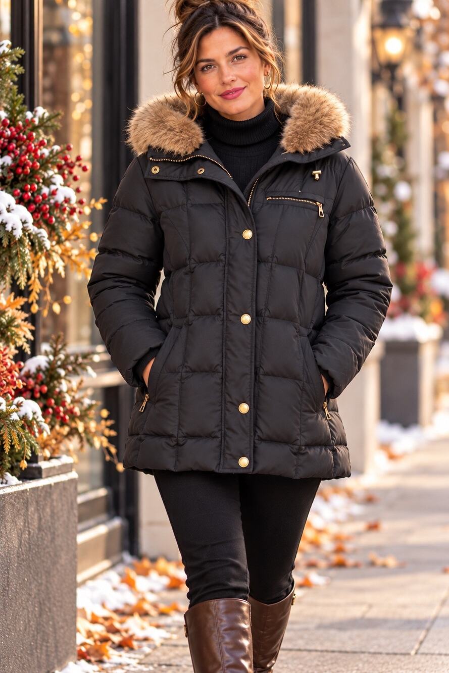 Lands’ End Black Down Puffer Coat Faux Fur Hood M 10/12